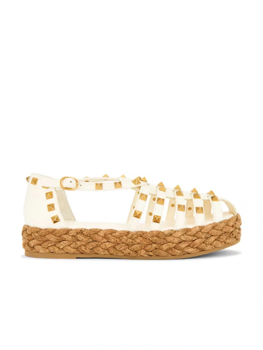 Valentino Garavani White Leather Studded Espadrille Sandals